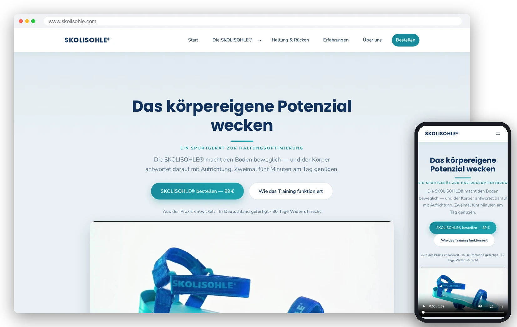 Die Website skolisohle.com in der Desktop-Ansicht und auf dem Smartphone: Startseite mit der Überschrift „Das körpereigene Potenzial wecken“